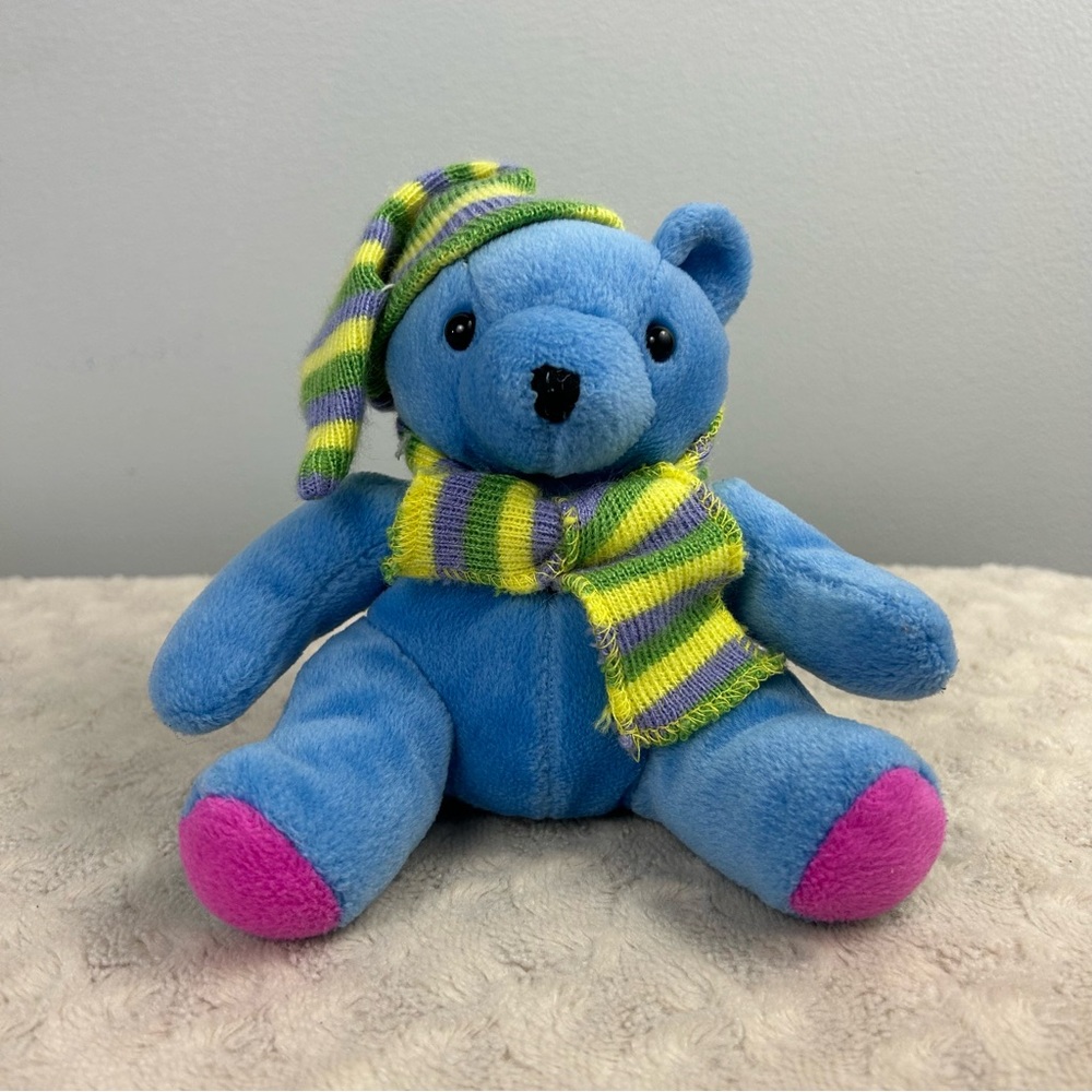 TB Toy Trading Co Blue Teddy Bear Plush Stuffed Animal Yellow Green Stripe Scarf